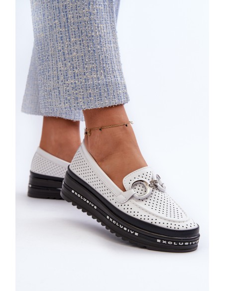 [Women's Leather Platform Moccasins with Decoration S.Barski LR750 White]