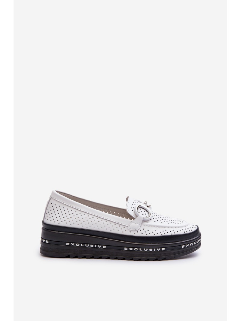 [Women's Leather Platform Moccasins with Decoration S.Barski LR750 White]