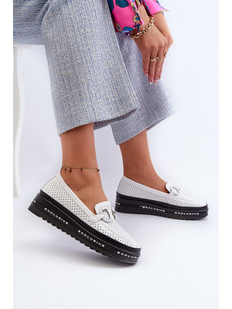 [Women's Leather Platform Moccasins with Decoration S.Barski LR750 White]