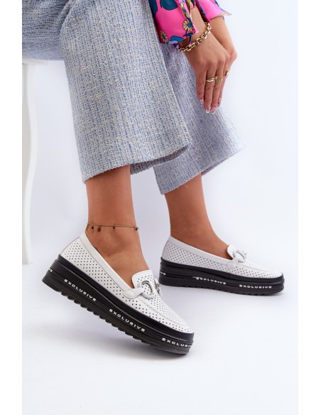 [Women's Leather Platform Moccasins with Decoration S.Barski LR750 White]