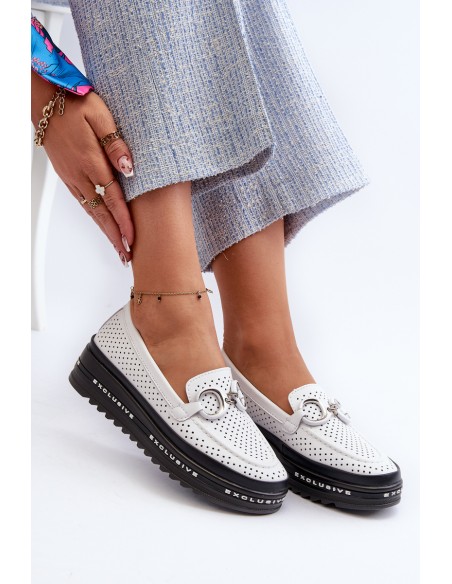 [Women's Leather Platform Moccasins with Decoration S.Barski LR750 White]