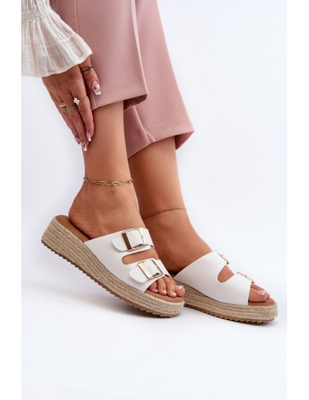 Women's White Leather Sandals with Woven Eco Leather Zaloemi