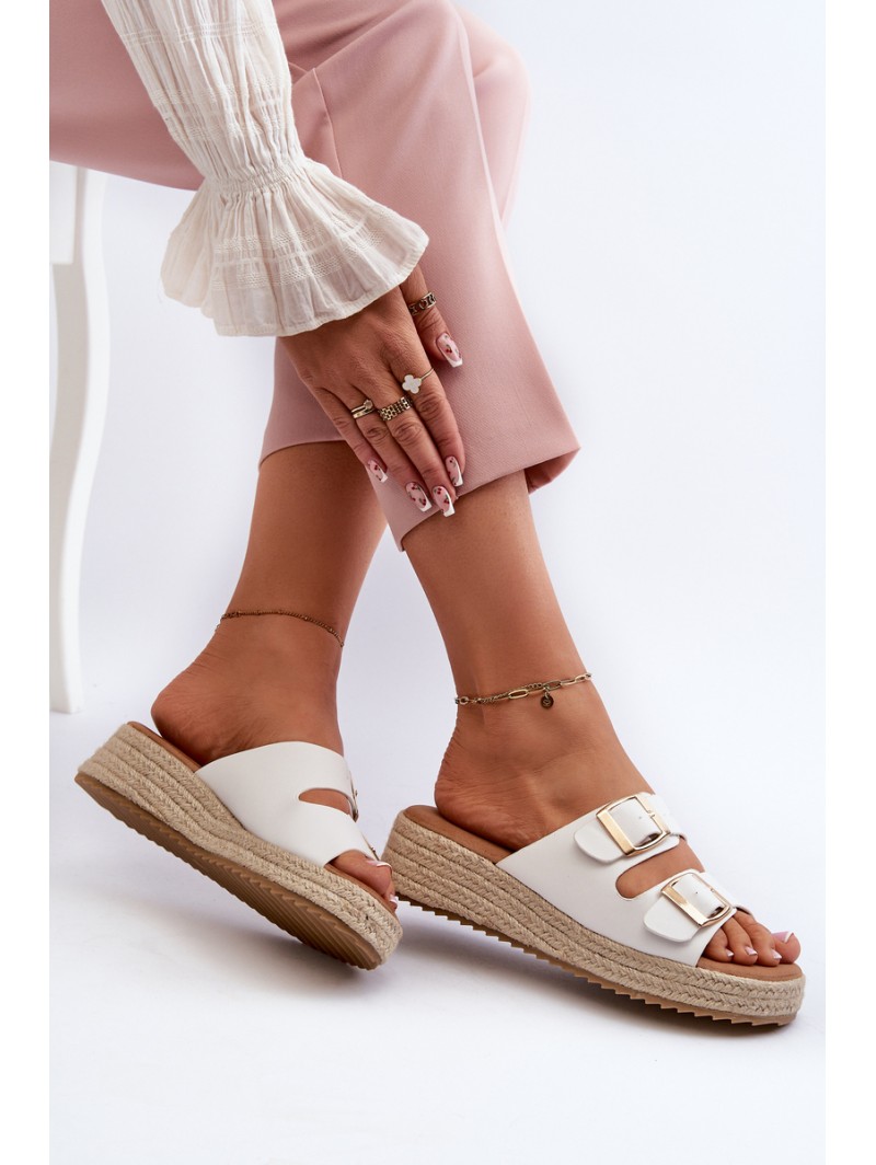 Women's White Leather Sandals with Woven Eco Leather Zaloemi