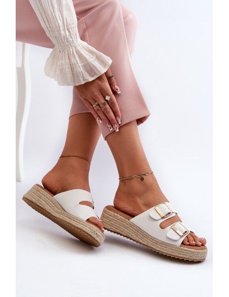Women's White Leather Sandals with Woven Eco Leather Zaloemi