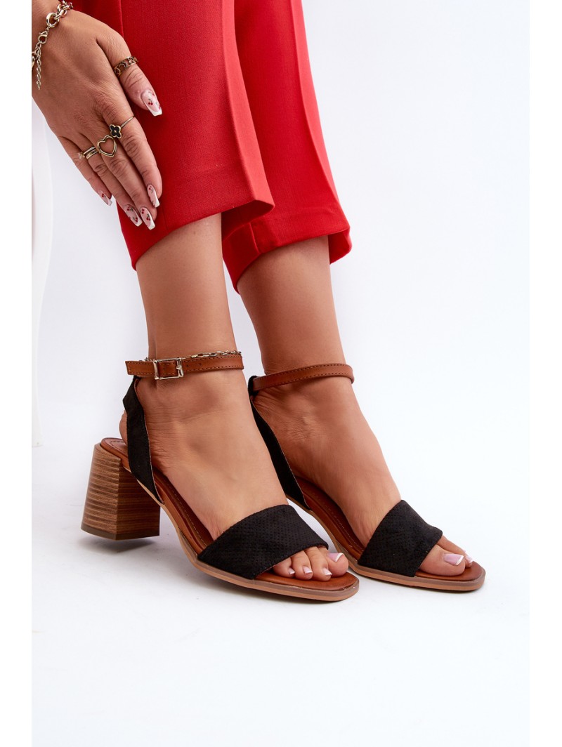 Women's Black Faux Suede Heeled Sandals by Ronvia