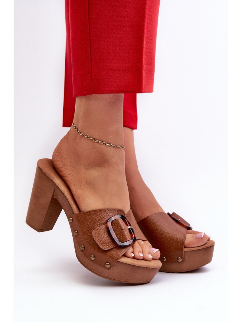 Women's mules with stiletto heel and buckle brown Betinna