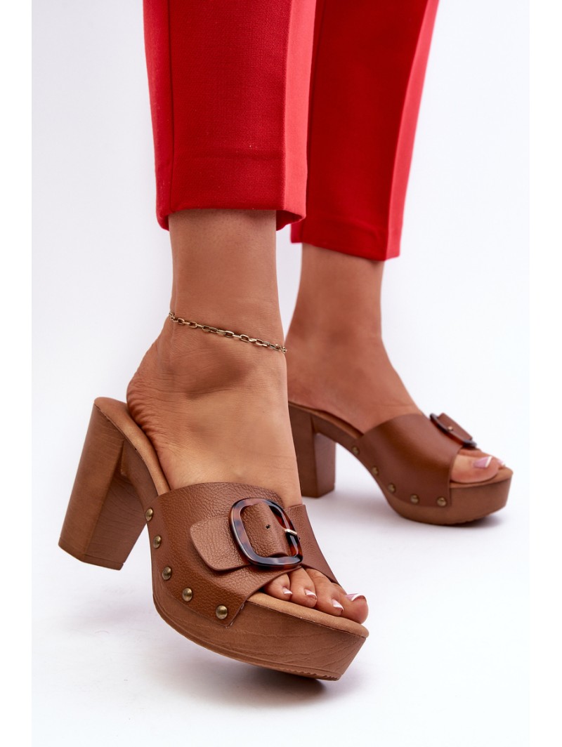 Women's mules with stiletto heel and buckle brown Betinna