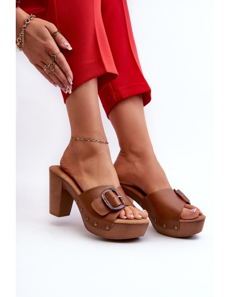 Women's mules with stiletto heel and buckle brown Betinna