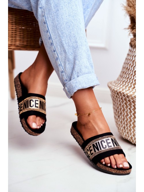 Slippers On Cork Sole With Cubic Zirconia Black-Gold Be Nice