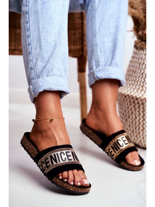 Slippers On Cork Sole With Cubic Zirconia Black-Gold Be Nice 2