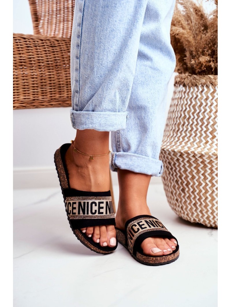Slippers On Cork Sole With Cubic Zirconia Black-Gold Be Nice