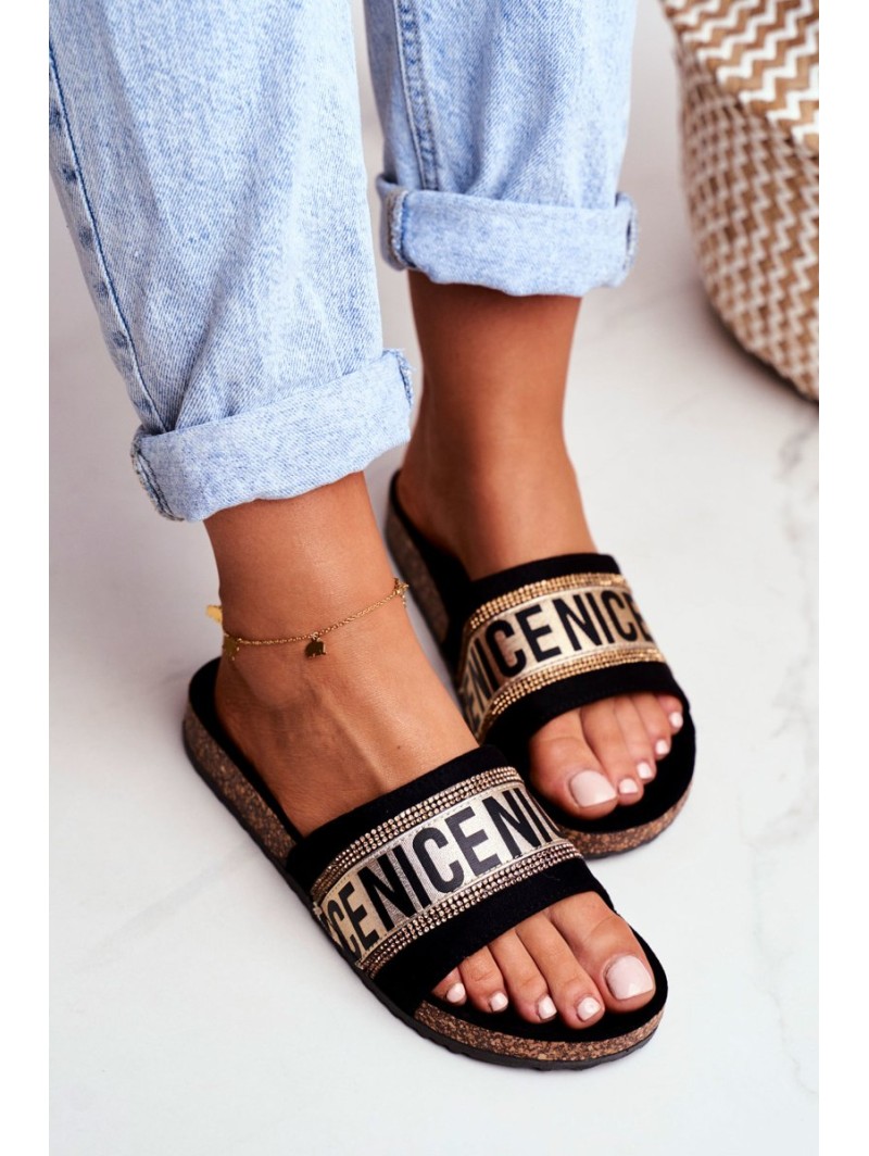 Slippers On Cork Sole With Cubic Zirconia Black-Gold Be Nice
