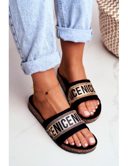 Slippers On Cork Sole With Cubic Zirconia Black-Gold Be Nice