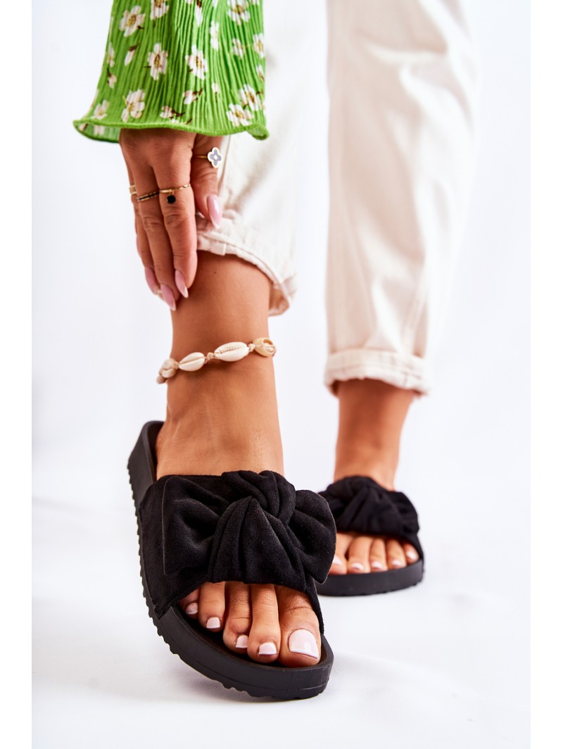 Classic Suede Slippers With A Bow Black Hayle