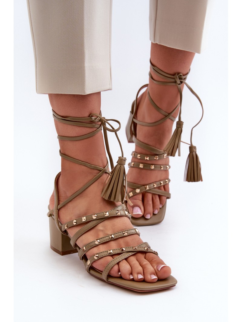 Lace-Up Sandals With Low Heels Adorned with Studs Green Chrisele