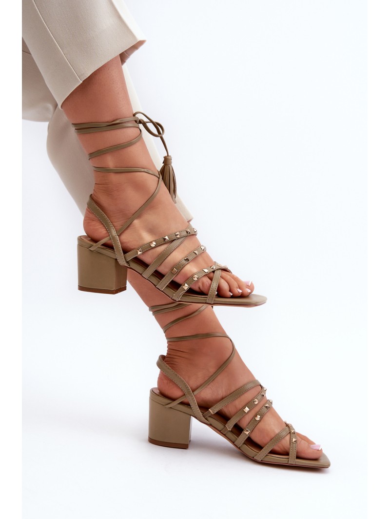Lace-Up Sandals With Low Heels Adorned with Studs Green Chrisele