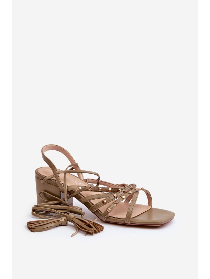 Lace-Up Sandals With Low Heels Adorned with Studs Green Chrisele