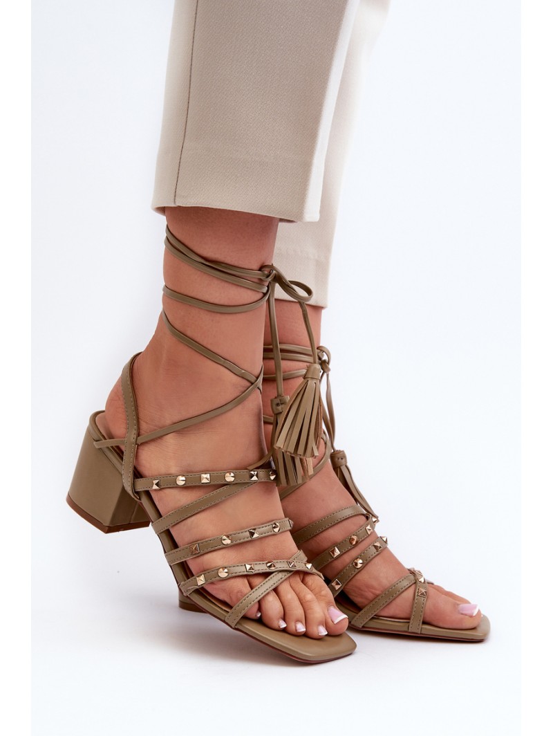 Lace-Up Sandals With Low Heels Adorned with Studs Green Chrisele