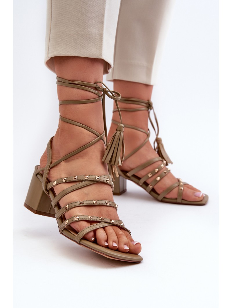 Lace-Up Sandals With Low Heels Adorned with Studs Green Chrisele