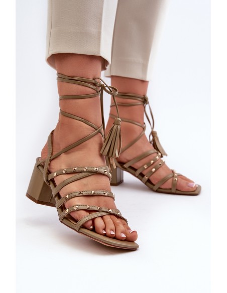 Lace-Up Sandals With Low Heels Adorned with Studs Green Chrisele