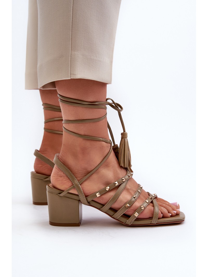 Lace-Up Sandals With Low Heels Adorned with Studs Green Chrisele