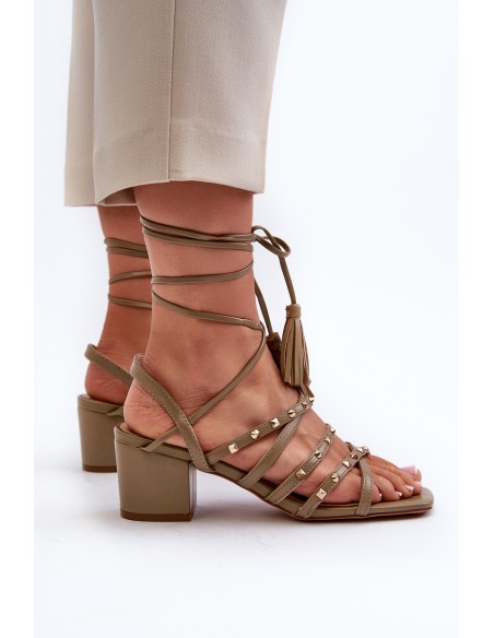 Lace-Up Sandals With Low Heels Adorned with Studs Green Chrisele