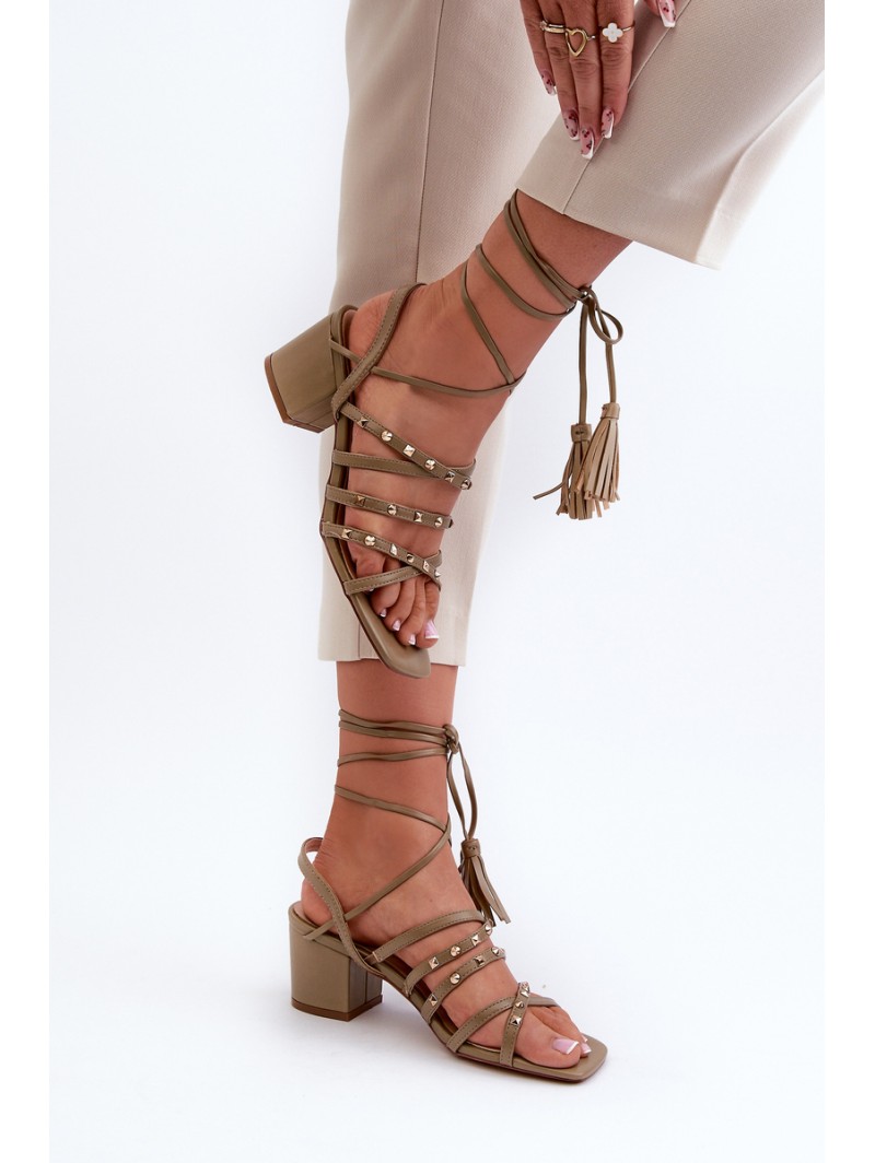 Lace-Up Sandals With Low Heels Adorned with Studs Green Chrisele