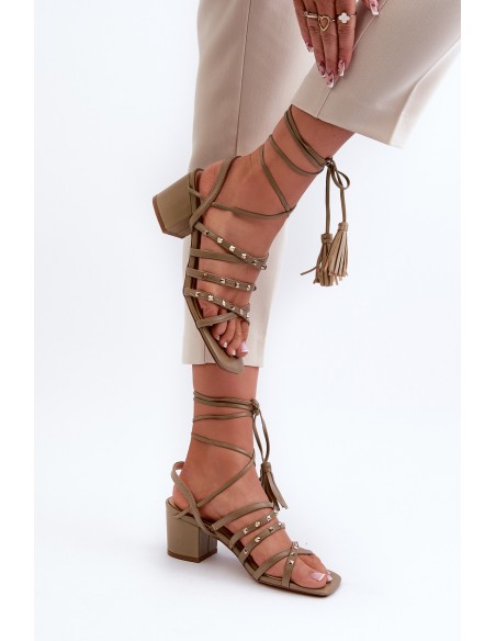 Lace-Up Sandals With Low Heels Adorned with Studs Green Chrisele