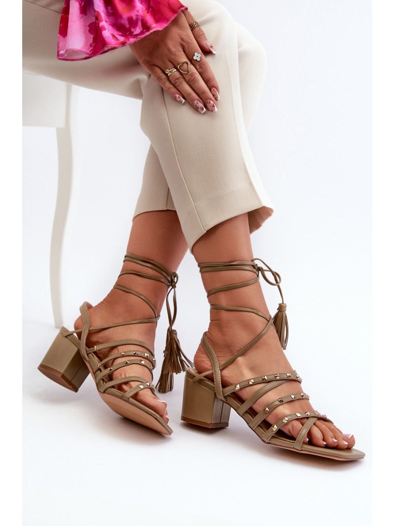 Lace-Up Sandals With Low Heels Adorned with Studs Green Chrisele