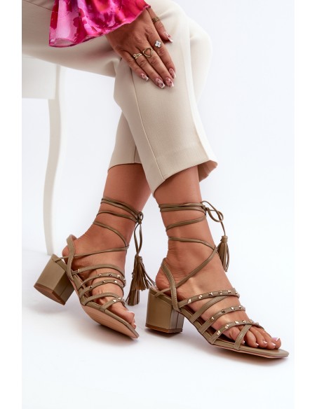 Lace-Up Sandals With Low Heels Adorned with Studs Green Chrisele