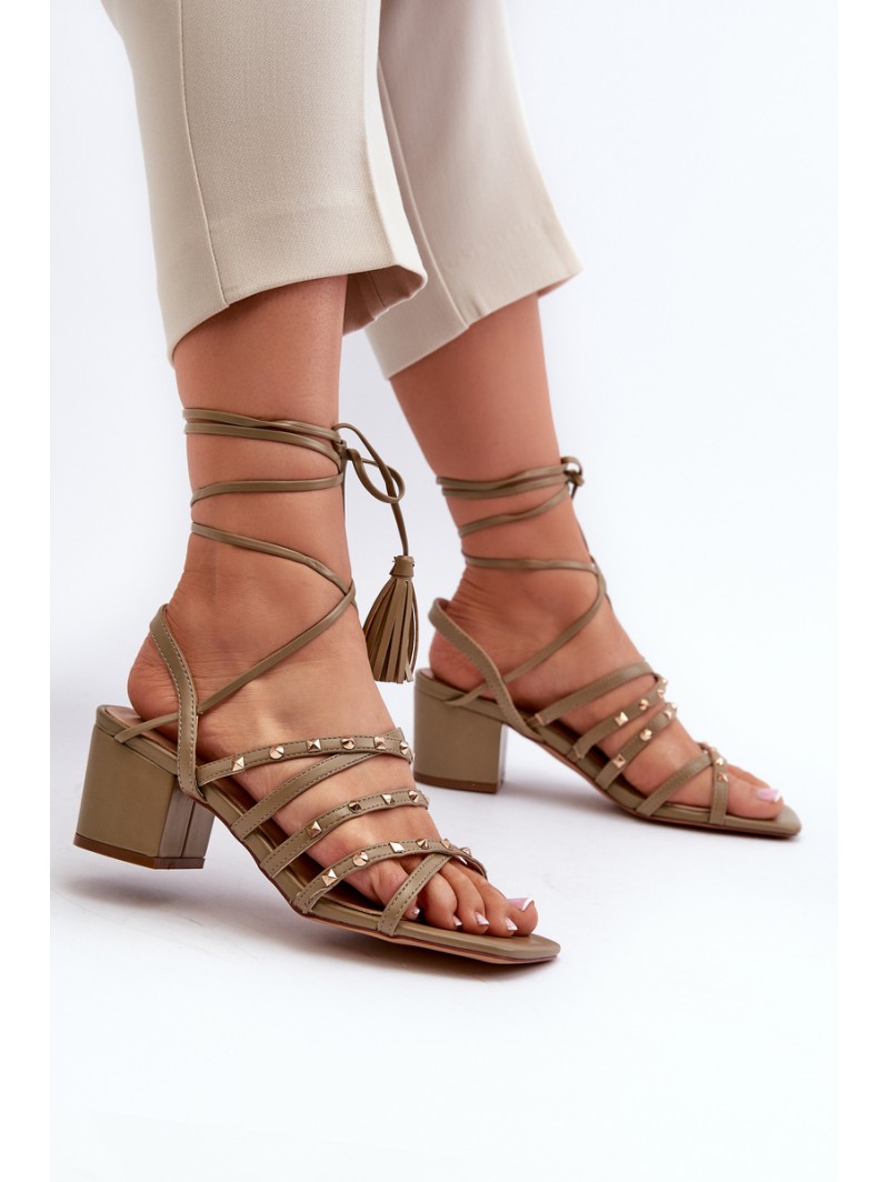 Lace-Up Sandals With Low Heels Adorned with Studs Green Chrisele