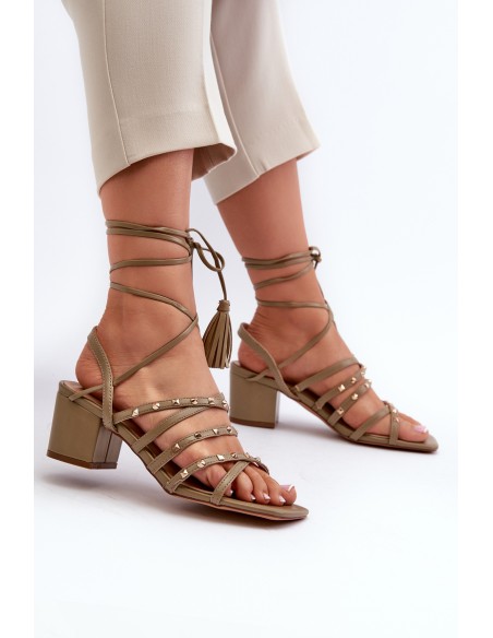 Lace-Up Sandals With Low Heels Adorned with Studs Green Chrisele