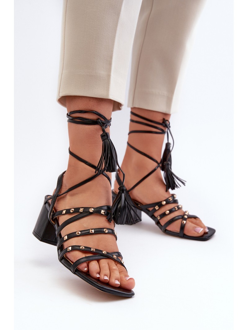 Lace-up Sandals with Low Heels Adorned with Studs Black Chrisele