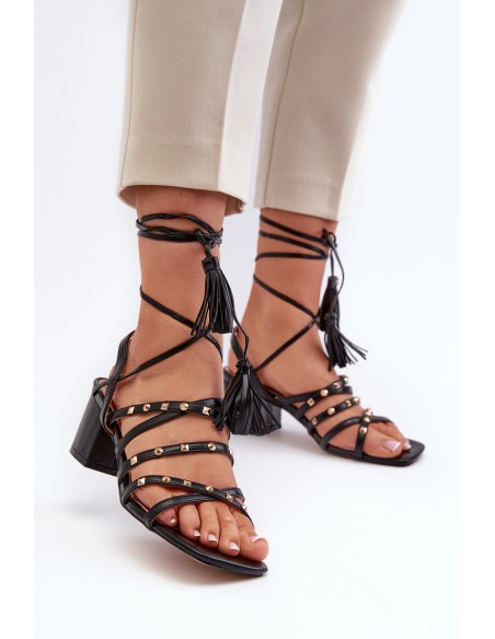 Lace-up Sandals with Low Heels Adorned with Studs Black Chrisele