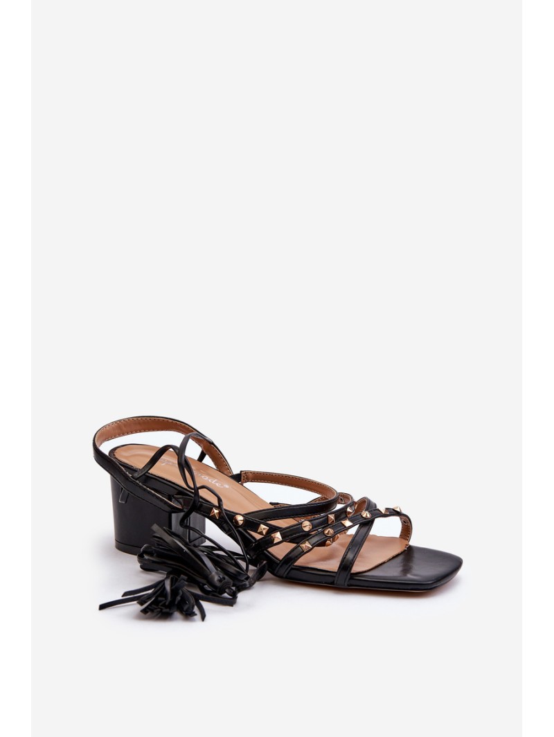 Lace-up Sandals with Low Heels Adorned with Studs Black Chrisele