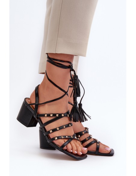 Lace-up Sandals with Low Heels Adorned with Studs Black Chrisele