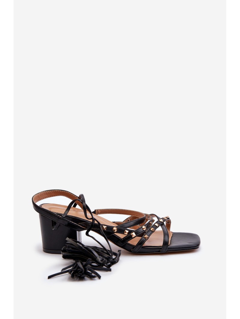 Lace-up Sandals with Low Heels Adorned with Studs Black Chrisele