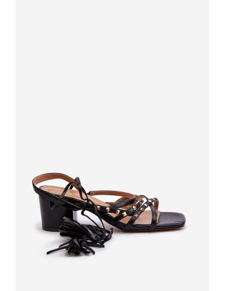 Lace-up Sandals with Low Heels Adorned with Studs Black Chrisele