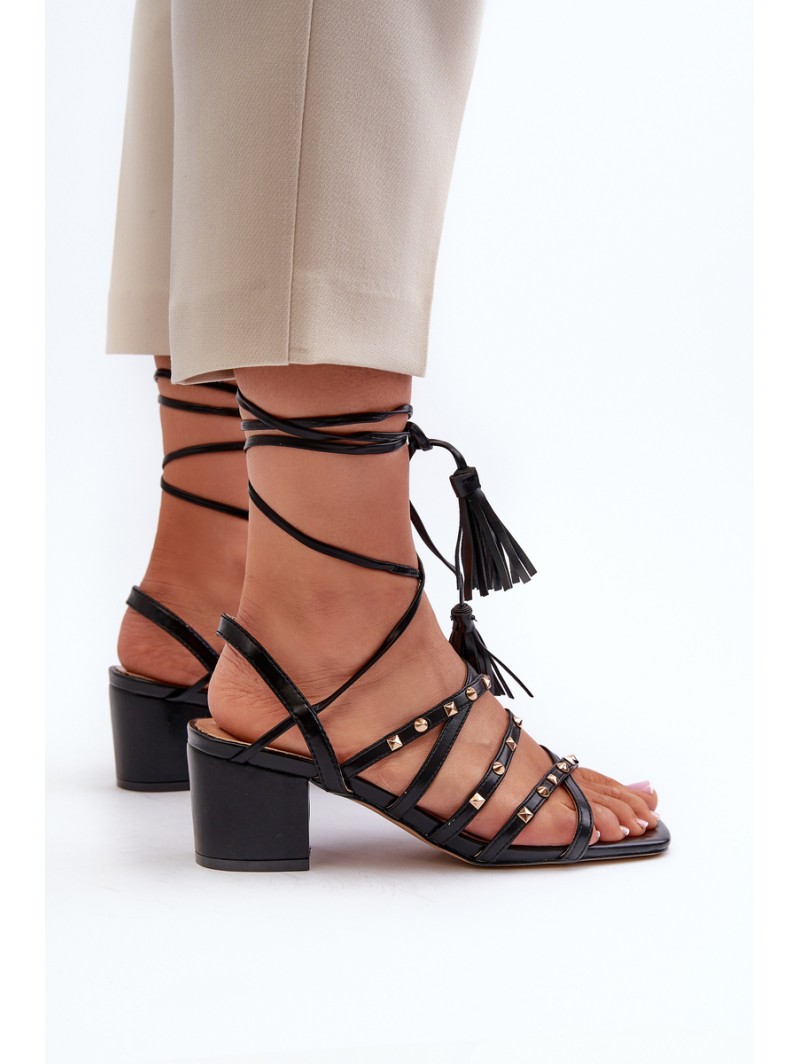 Lace-up Sandals with Low Heels Adorned with Studs Black Chrisele