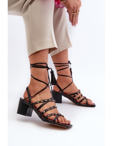Lace-up Sandals with Low Heels Adorned with Studs Black Chrisele