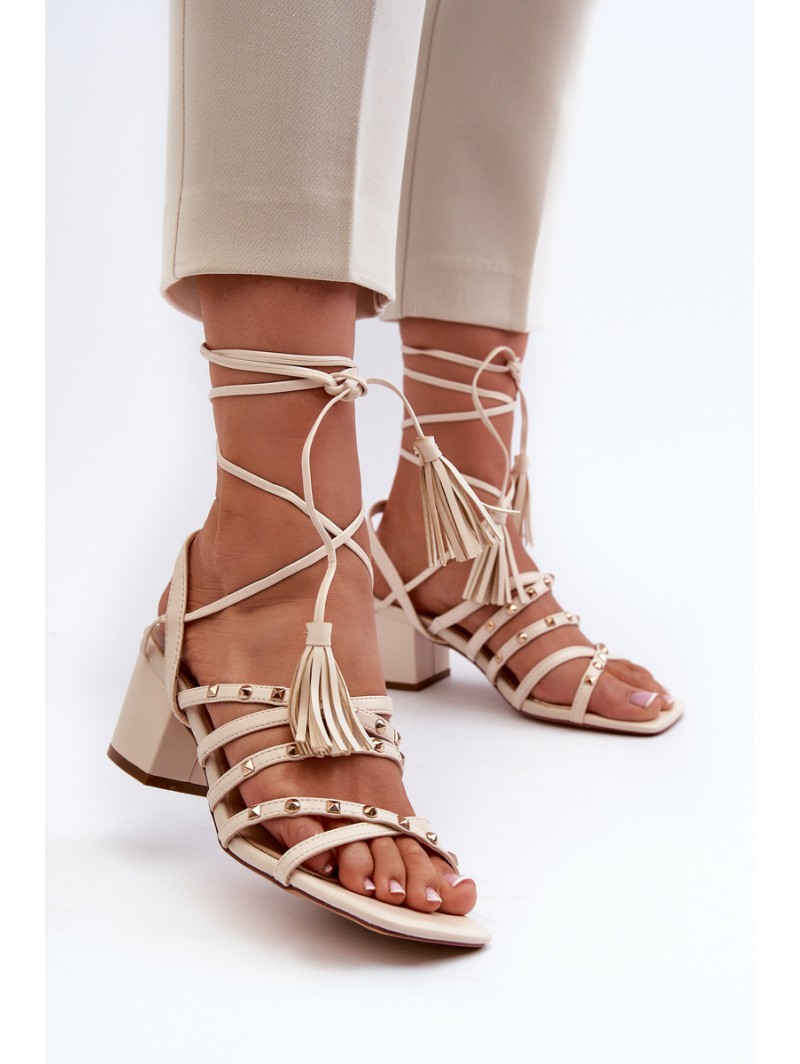 Lace-up Sandals With Low Heels Adorned With Studs Beige Chrisele