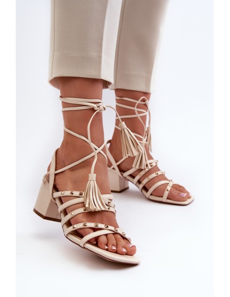 Lace-up Sandals With Low Heels Adorned With Studs Beige Chrisele