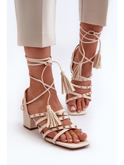 Lace-up Sandals With Low Heels Adorned With Studs Beige Chrisele 2