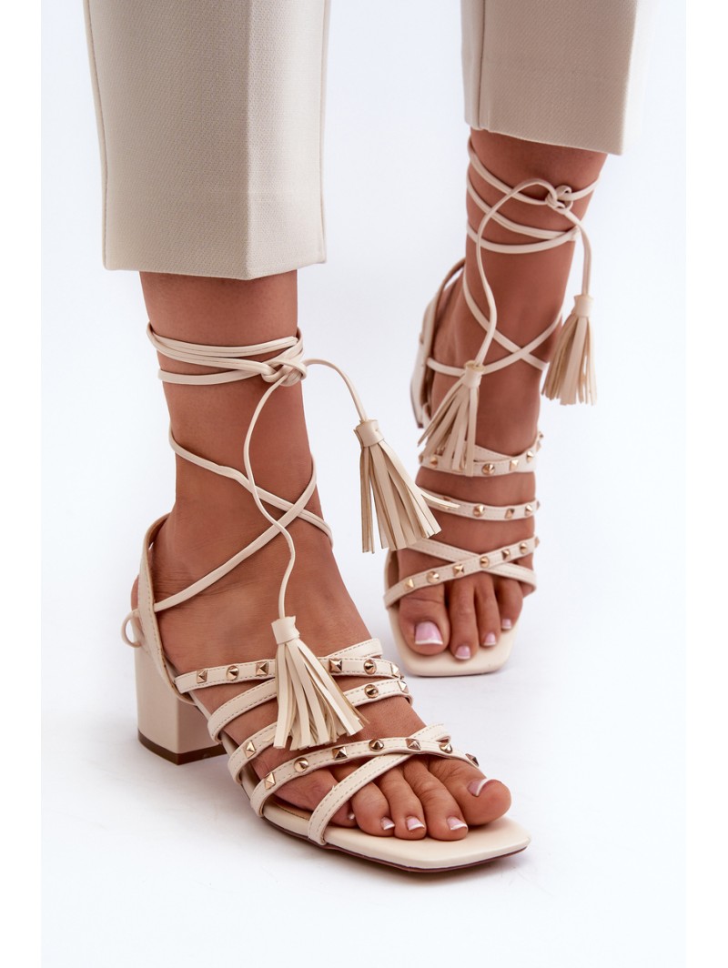 Lace-up Sandals With Low Heels Adorned With Studs Beige Chrisele