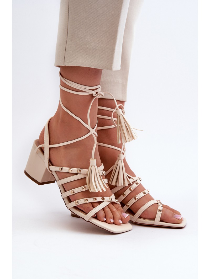 Lace-up Sandals With Low Heels Adorned With Studs Beige Chrisele