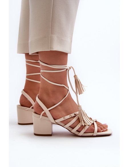Lace-up Sandals With Low Heels Adorned With Studs Beige Chrisele
