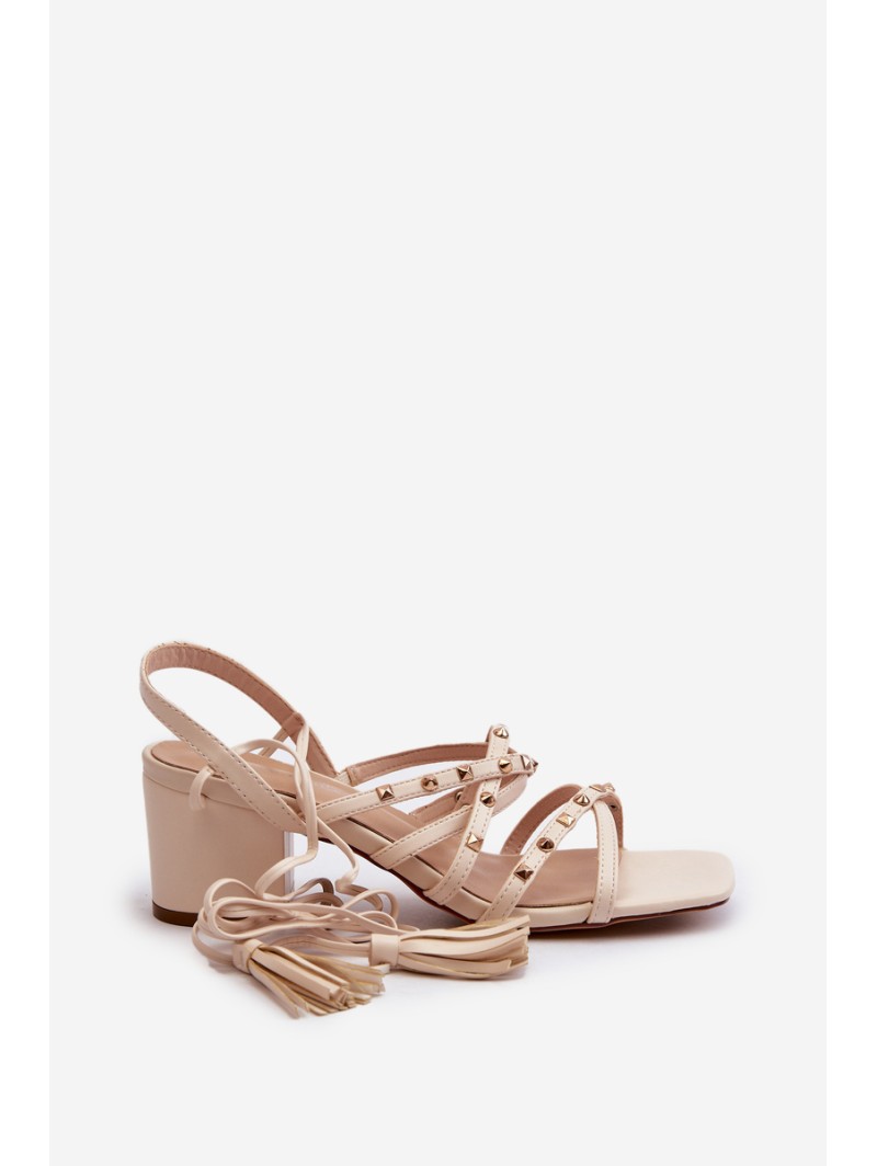 Lace-up Sandals With Low Heels Adorned With Studs Beige Chrisele