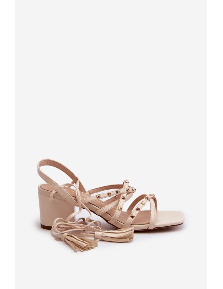 Lace-up Sandals With Low Heels Adorned With Studs Beige Chrisele