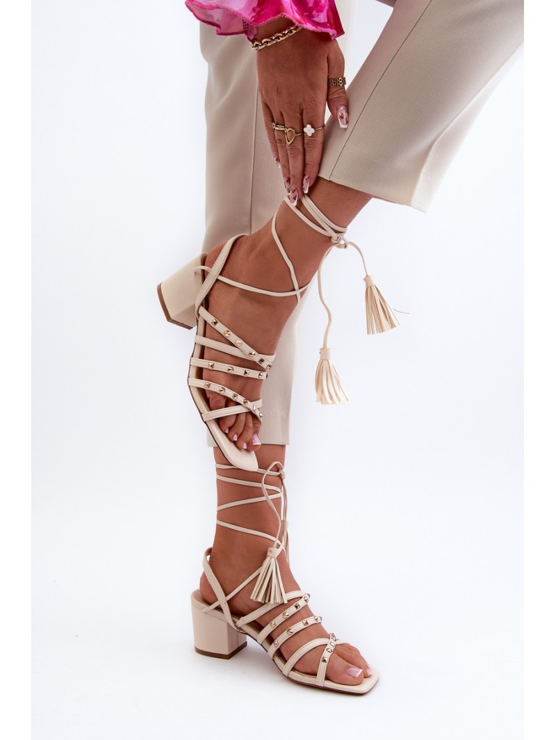 Lace-up Sandals With Low Heels Adorned With Studs Beige Chrisele