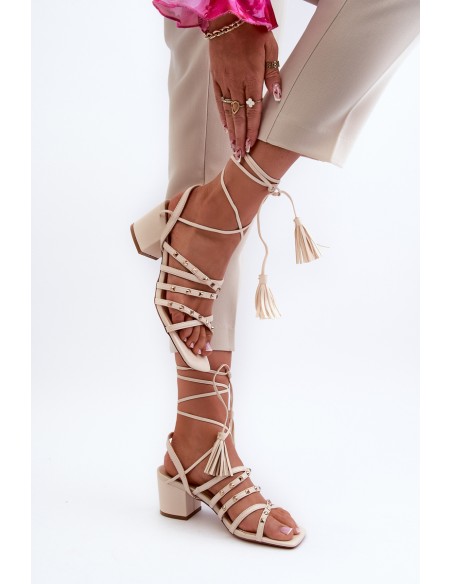 Lace-up Sandals With Low Heels Adorned With Studs Beige Chrisele
